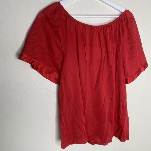 Kelly Reed Nylon Vintage Pajama Lounge Top Blouse Red Embroidered Large - Picture 10 of 12